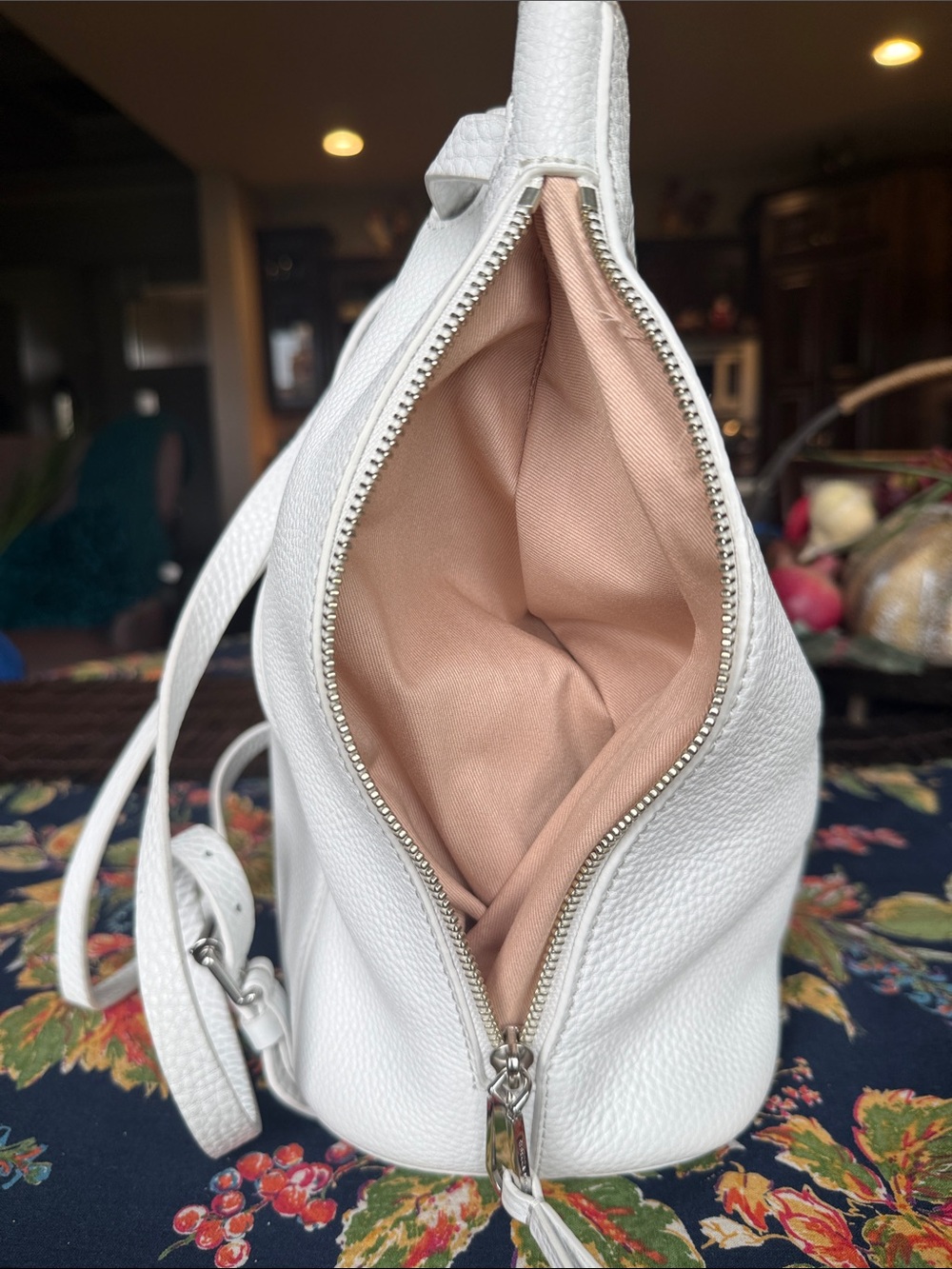 White Pebbled Leather Drawstring Bucket Backpack - Picture 4 of 10